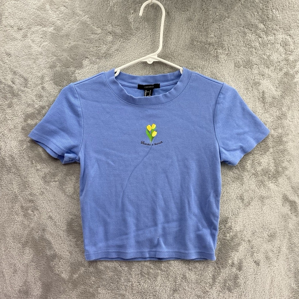 Forever 21 Thanks A Bunch Tulip Graphic Crop Top Women Small Blue Ribbed Tee EUC
